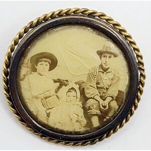 Antique Victorian Brass & Glass Picture Brooch Pin Button Family Photo
